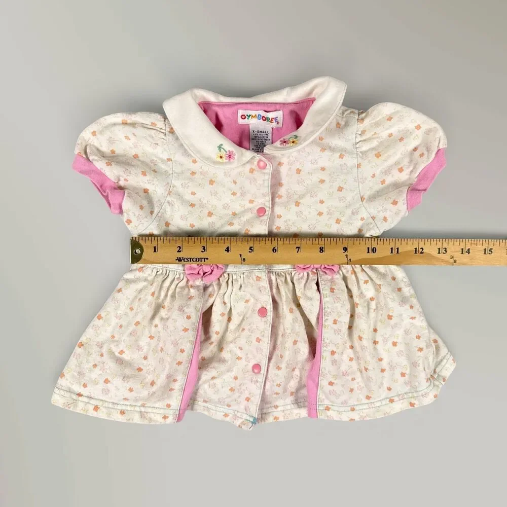 Vintage Gymboree Rainbow Tag Pleated Dress Pink White Floral Embroidered Size XS